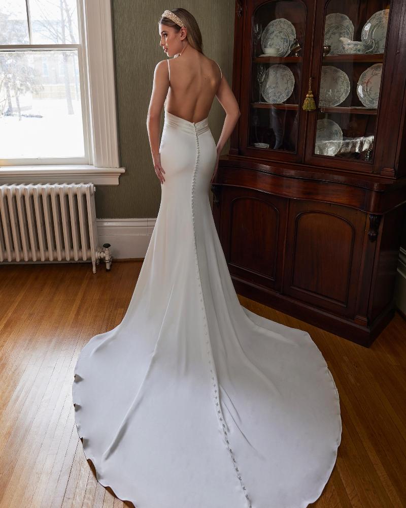 La23251 simple satin wedding dress with slit and spaghetti straps2